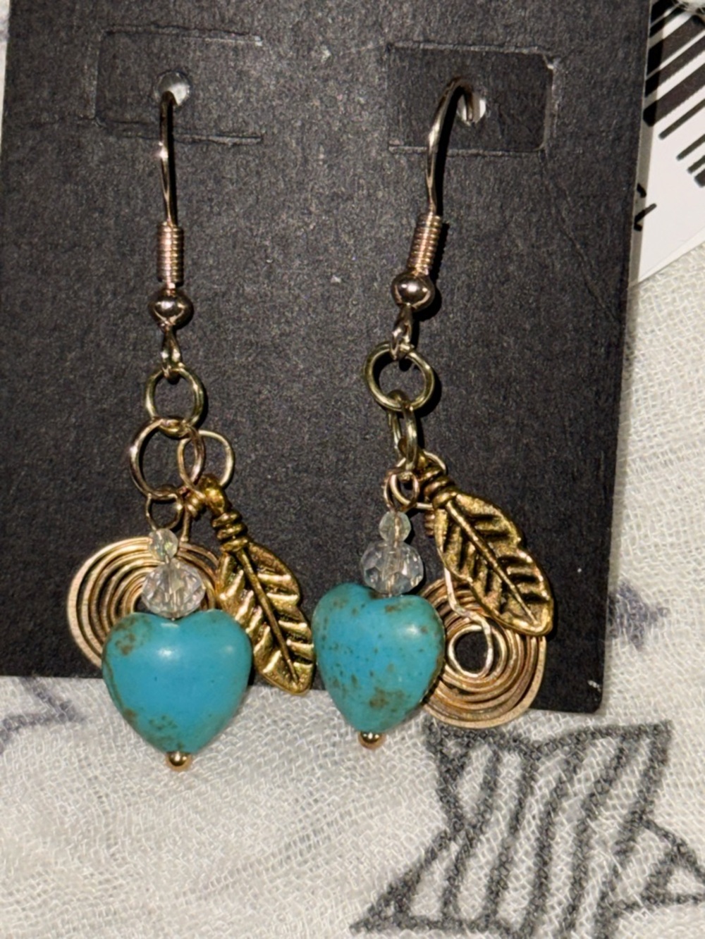 Turquoise Heart Drop Earrings with Gold Leaf Charms - Picture 2 of 2